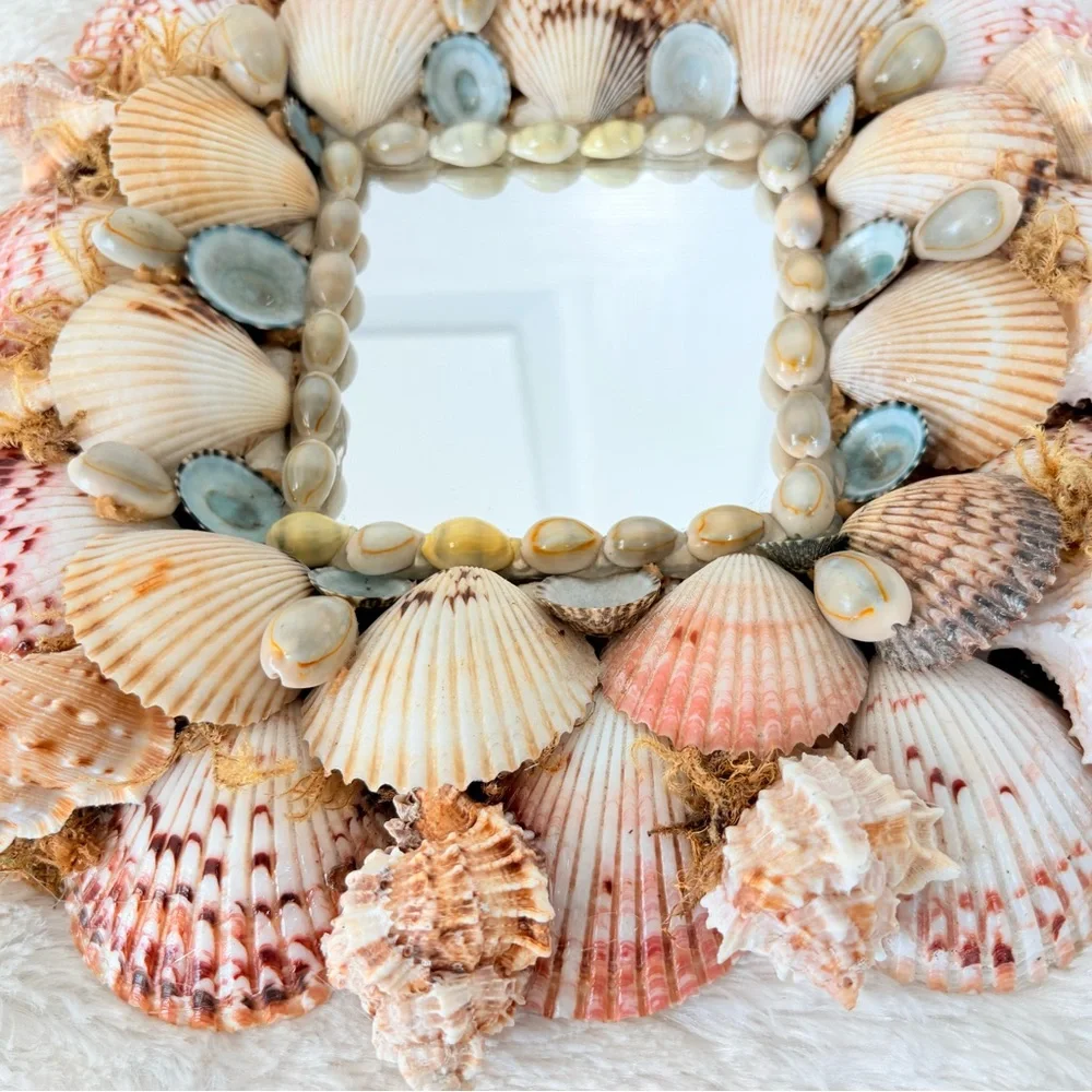 Vintage Handmade Square Seashell Mirror Hawaii Coastal Beach 11”x11”